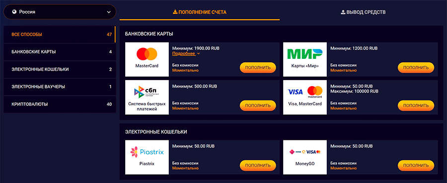 Основные методы пополнения баланса и вывода средств